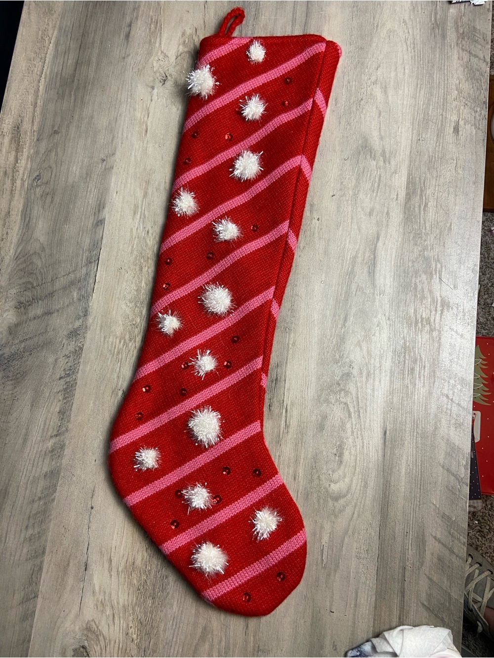 Red Pink Striped Holiday Stocking with Pom Poms and sequins - Picture 4 of 8